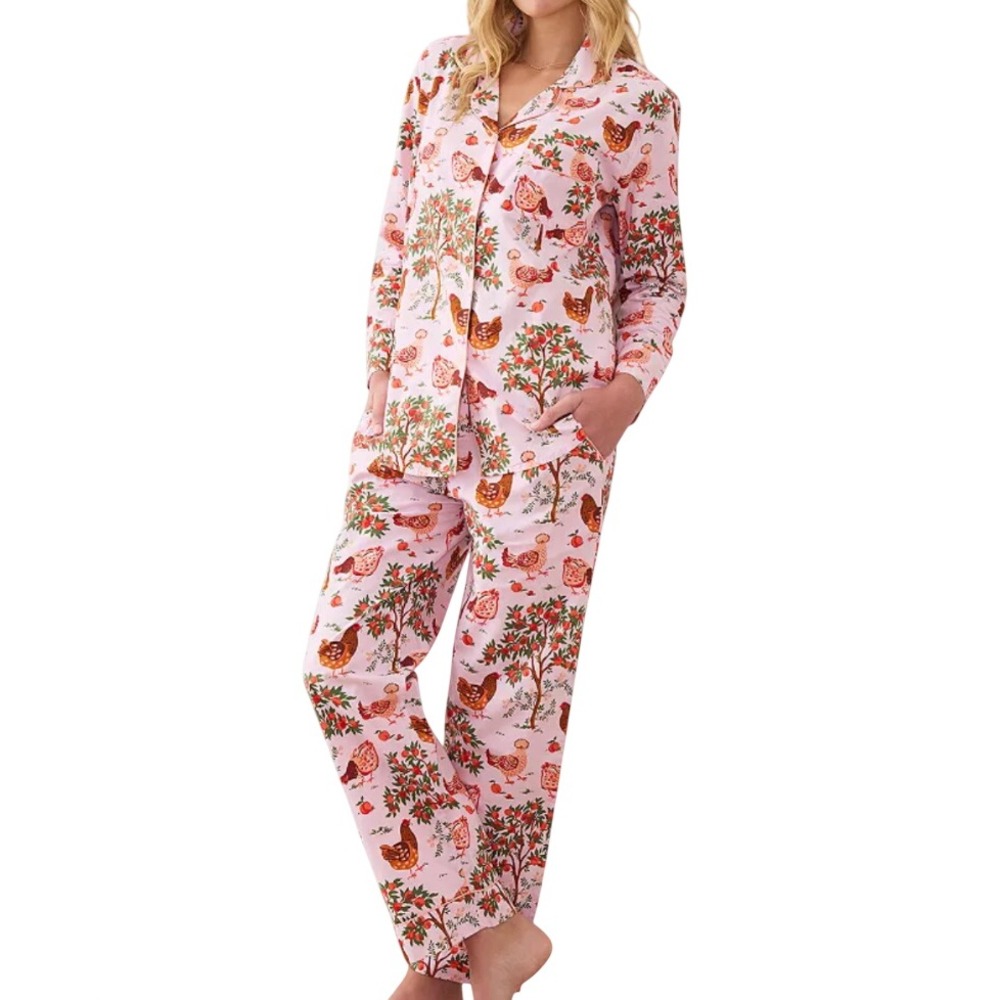 PRINT FRESH PAJAMAS SET Shirt/Pants PINK CHICKENS HEN HOUSE Peach Tree Farming S